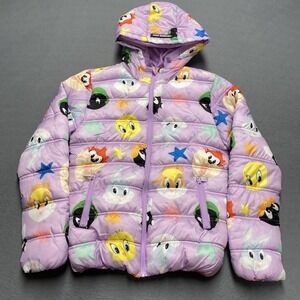 Looney Tunes Members‎ Only Jacket Youth 14/16 Purple Hooded Puffer Allover Print